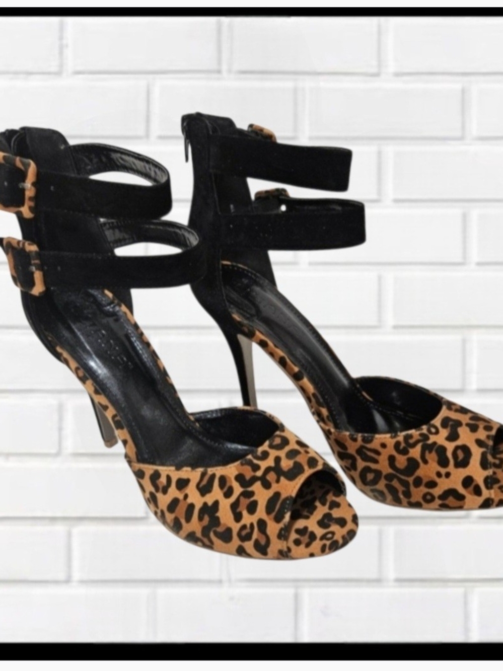 LILIANA Leopard & Black Buckle Ankle Strap Peep-Toe Stiletto Heels (Size 7.5) - Picture 2 of 15